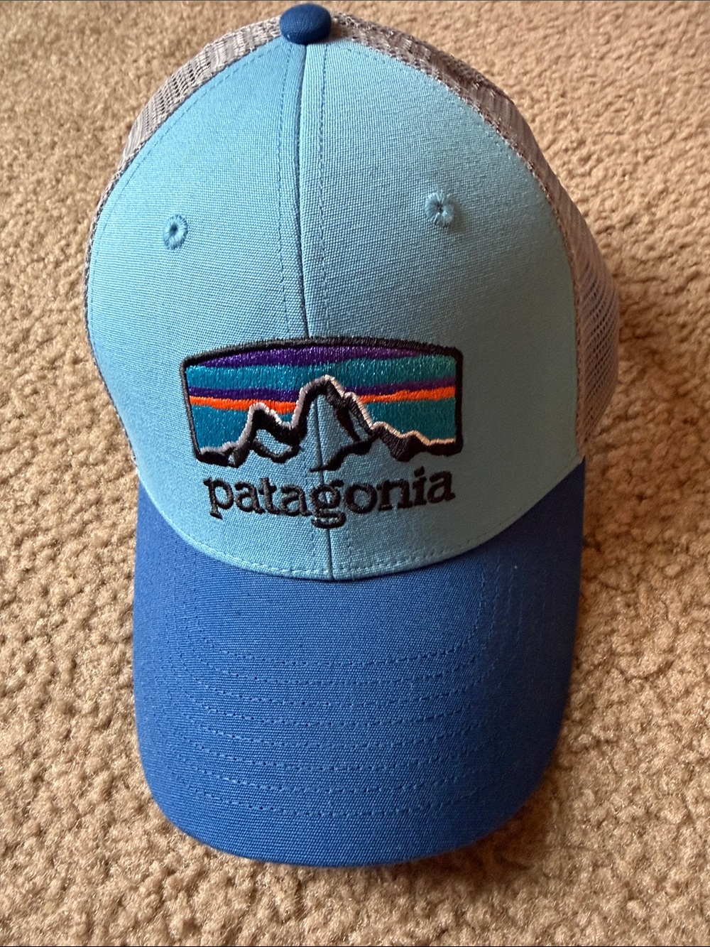 Patagonia Men’s Light Blue Trucker Hat with Mountain Logo